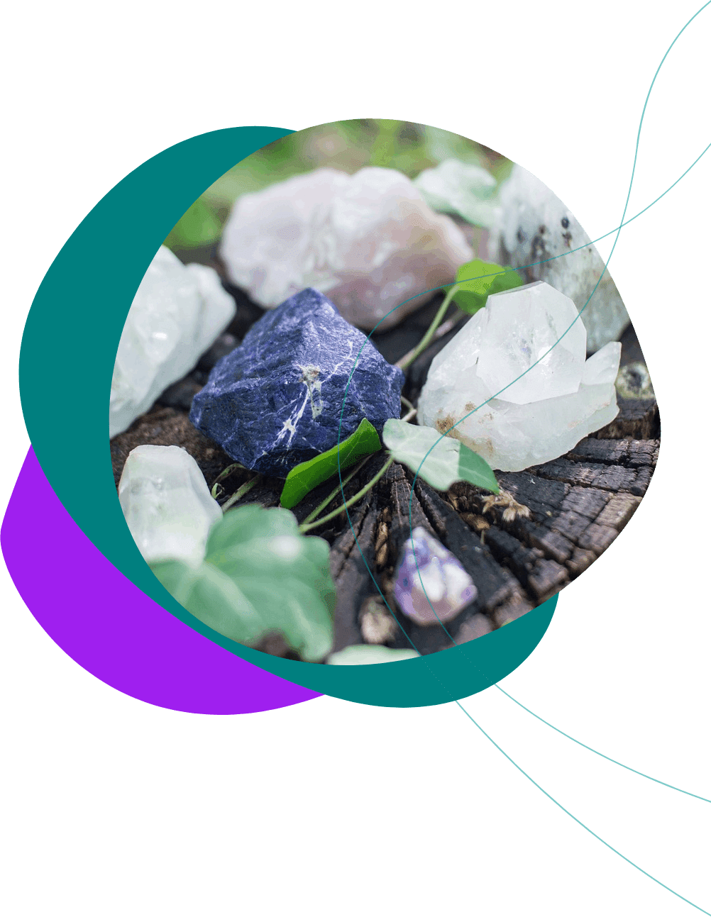 Crystals and stones in a circle with a purple background.