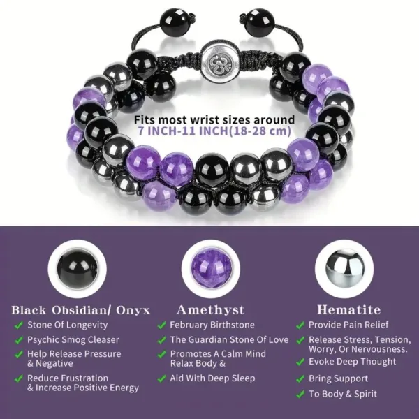 Black obsidian, amethyst, and hematite beaded bracelet.