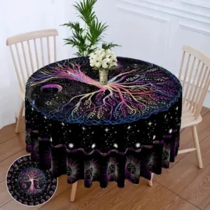 Round table with tree of life tablecloth.