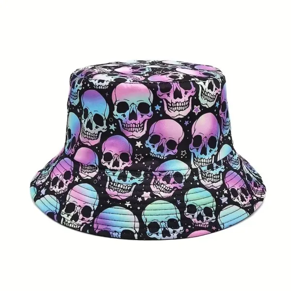 Black bucket hat with rainbow skulls.