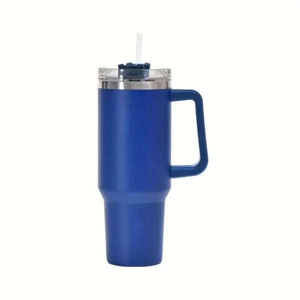 Blue stainless steel travel mug with handle.