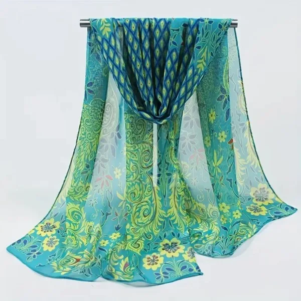 Green floral printed chiffon scarf.