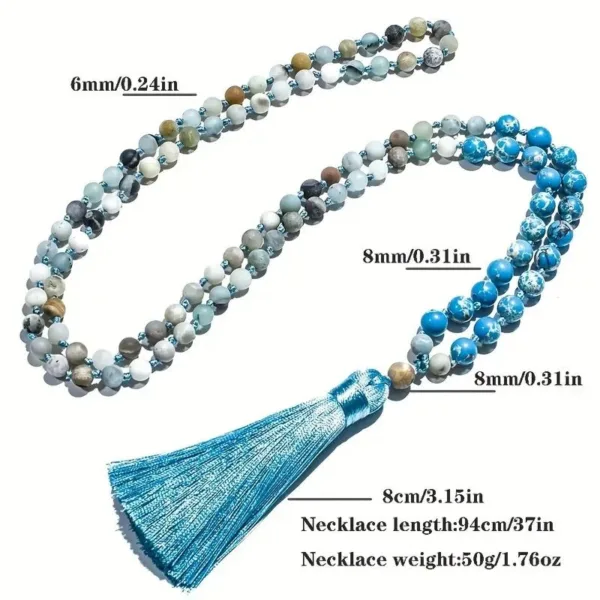 Blue gemstone necklace with tassel.