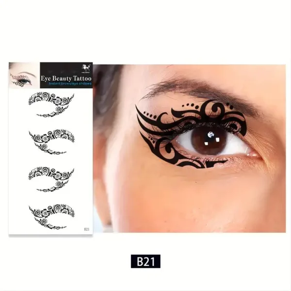 Eye makeup tattoo with black floral design.