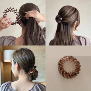 Brown hair claw clip for bun hairstyle.