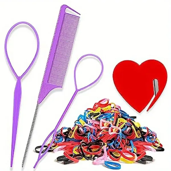 Hair styling tools and colorful hair ties.