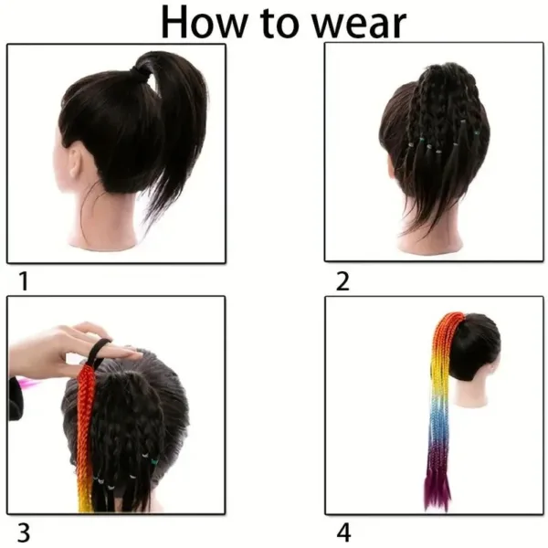 Instructions for wearing a colorful hair extension.