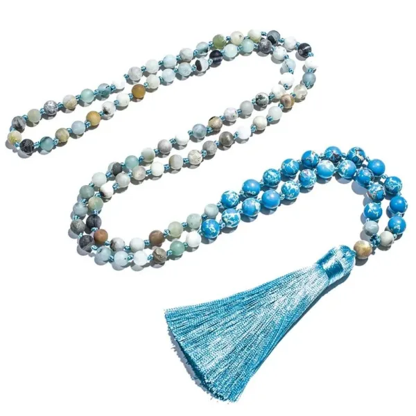 Blue and green gemstone mala with tassel.