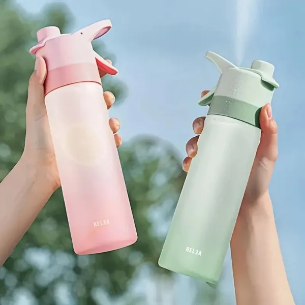 Two colorful spray water bottles.