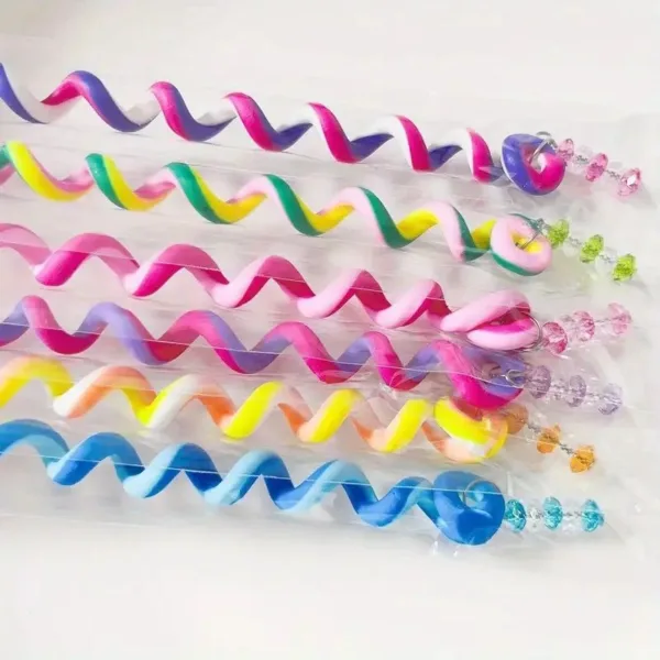 Rainbow hair curlers with beads.