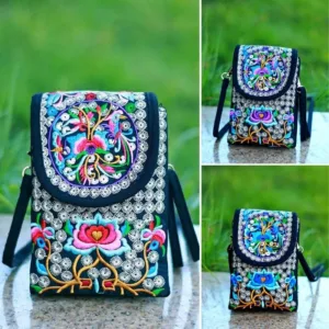 Black embroidered floral crossbody phone bag.