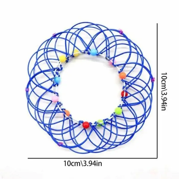 Blue metal ring toy with colorful beads.