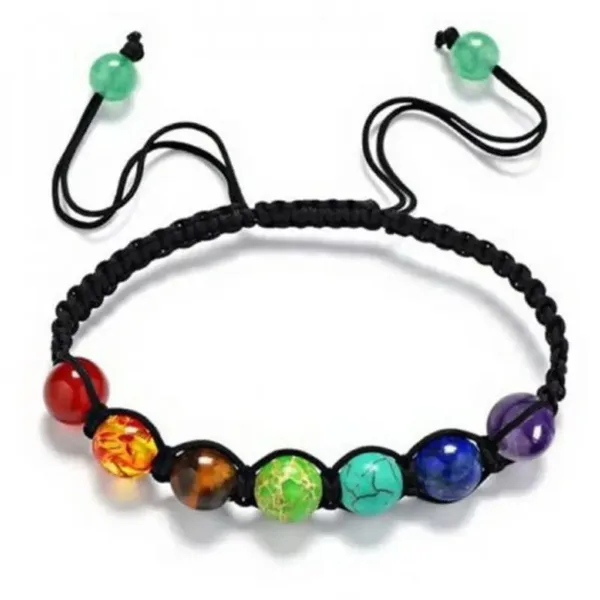 Chakra beaded bracelet with black cord.