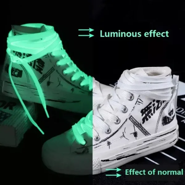 White canvas sneakers with glow-in-the-dark laces.