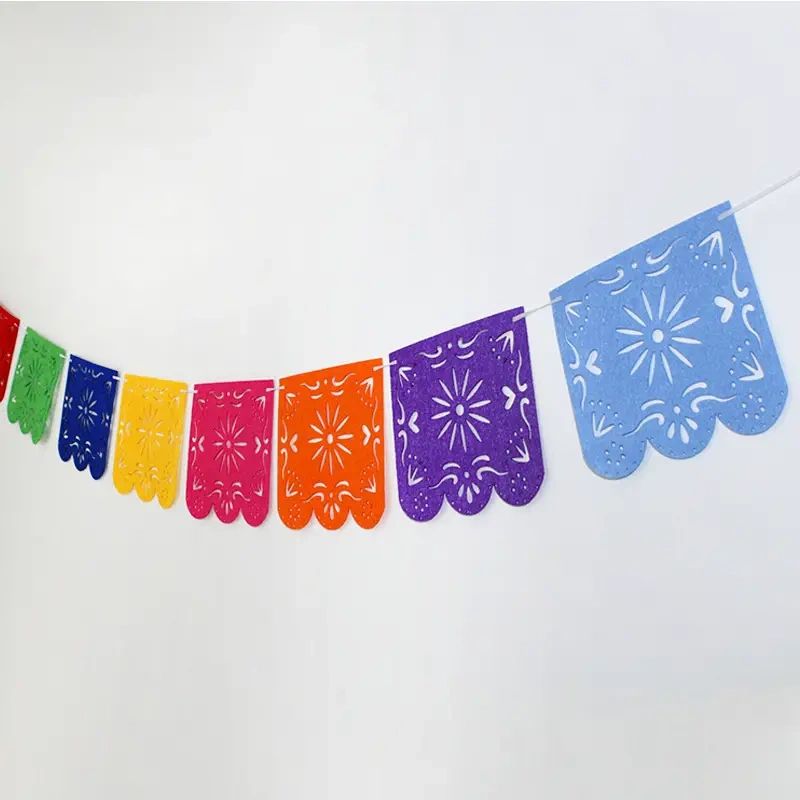 Colorful paper flag banner with designs.