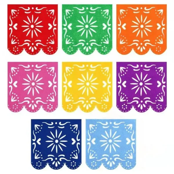 Colorful paper party flags with white designs.