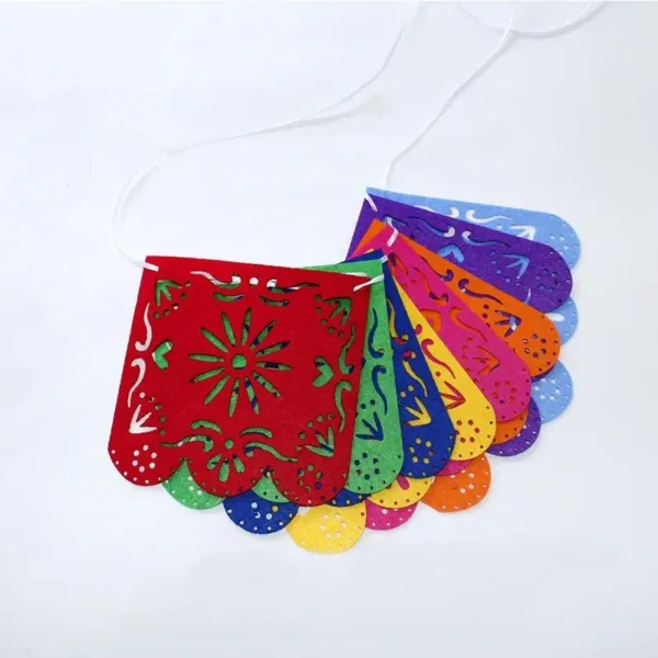 Colorful paper flags with intricate designs.