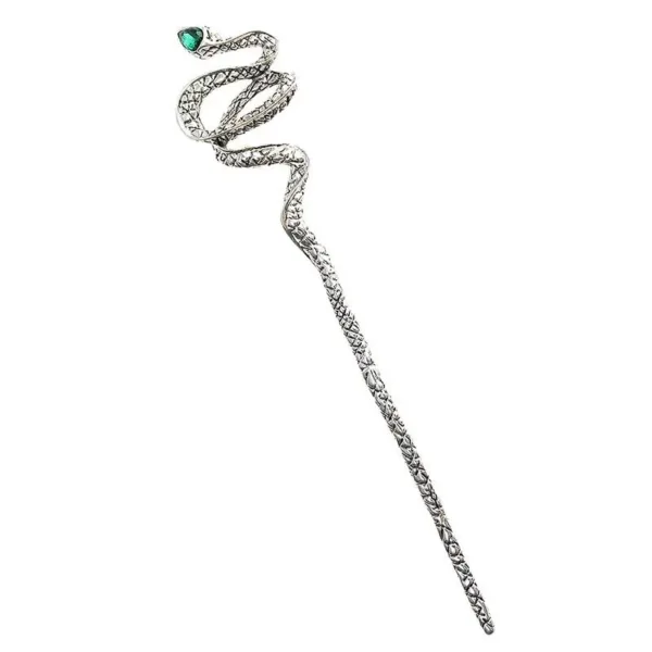 Silver snake hair stick with green gem.