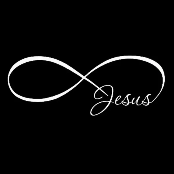 White infinity symbol with Jesus text.