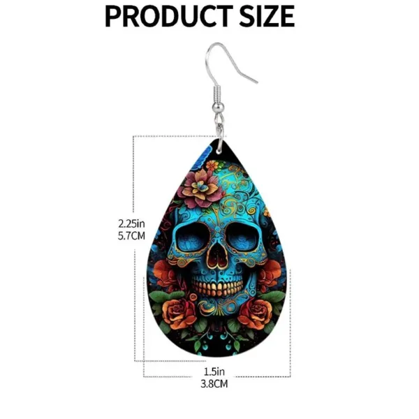 Teardrop earrings with blue sugar skull design.