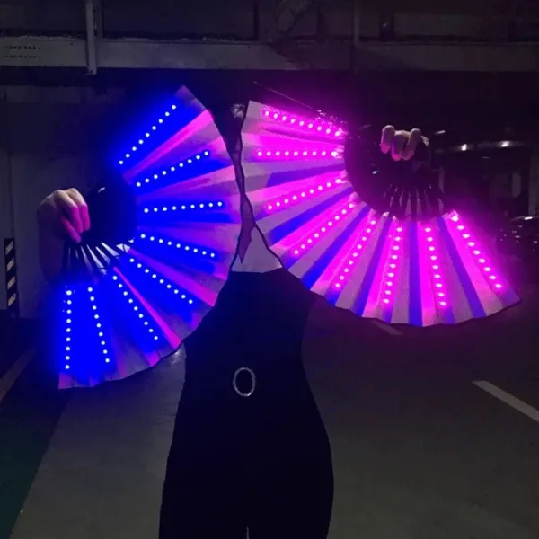 Person holding two LED light fans.