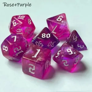 Pink and purple glittery dice set.