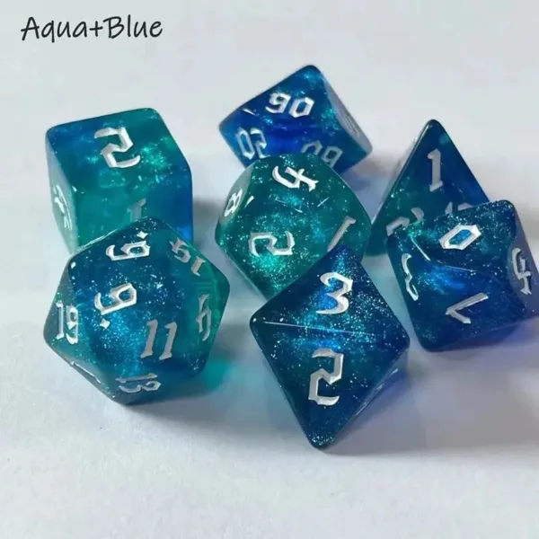 Blue and green dice with white numbers.