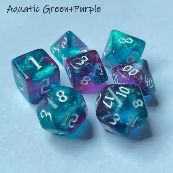 Green and purple dice with white numbers.