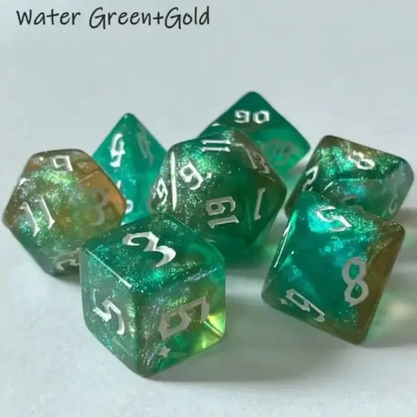 Green and gold dice with white numbers.