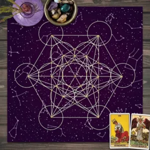 Purple tapestry with a geometric design.