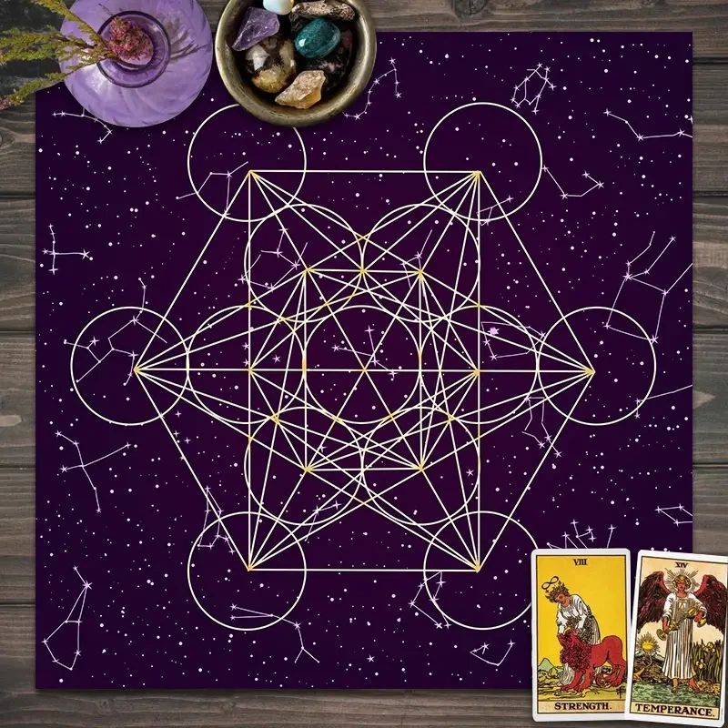 Purple tapestry with a geometric design.