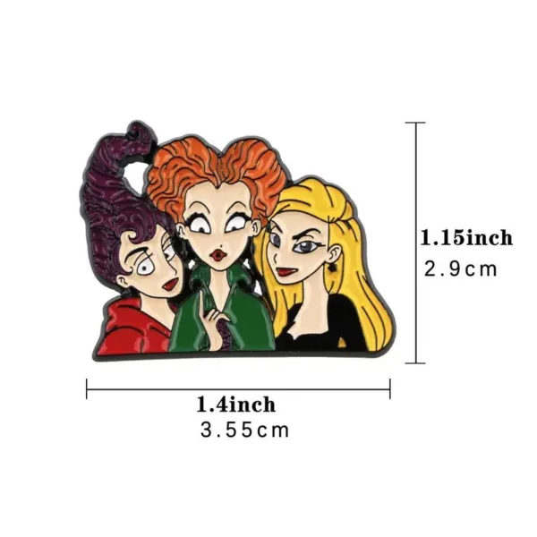 Hocus Pocus enamel pin with three witches.