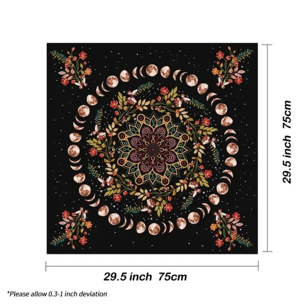 Black mandala tapestry with moon phases and flowers.