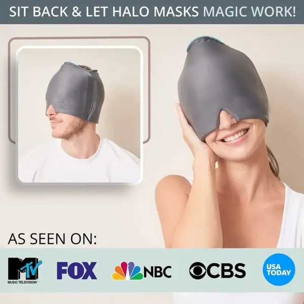 Two people wearing gray sleep masks.