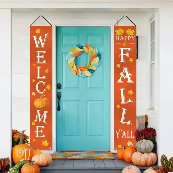 Welcome Fall door banners with pumpkins.