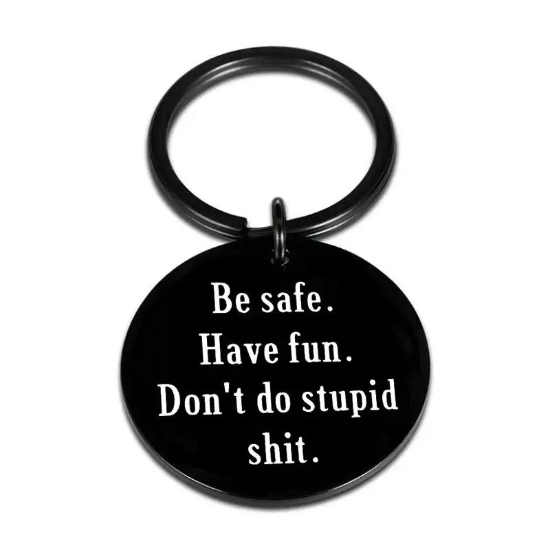 Black keychain with safety reminder.