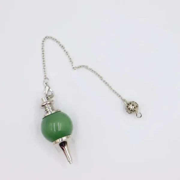 Green crystal pendulum on silver chain.