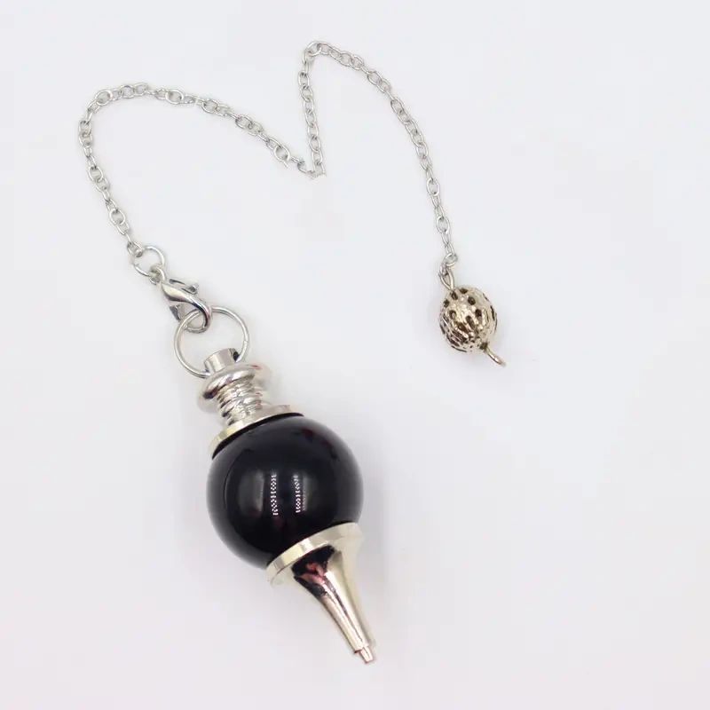 Black pendulum with silver chain and bob.