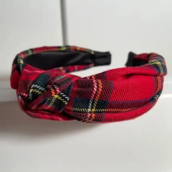 Red plaid knotted headband for hair.