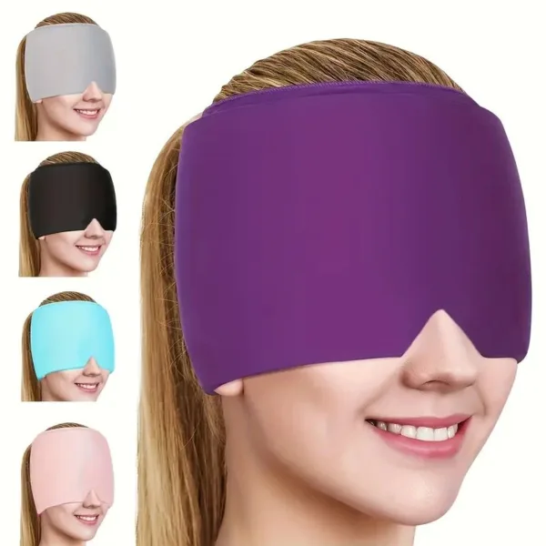 Purple sleep mask on woman's face.