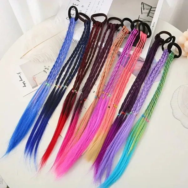 Colorful braided hair ties with beads.