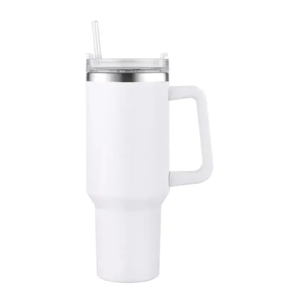 White travel mug with handle and straw.