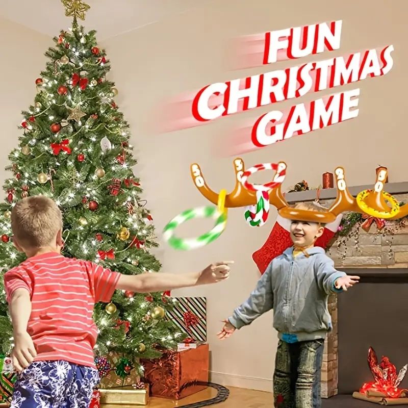 Kids playing Christmas reindeer ring toss game.