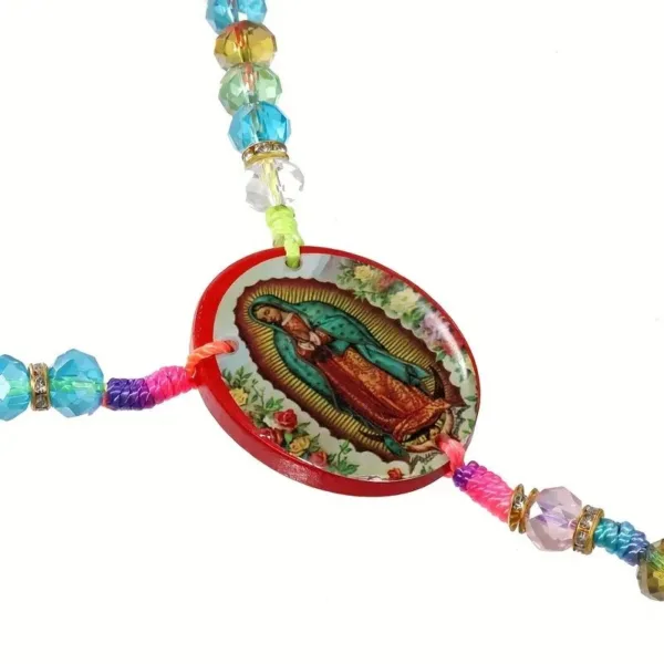 Colorful beaded necklace with Virgin Mary pendant.