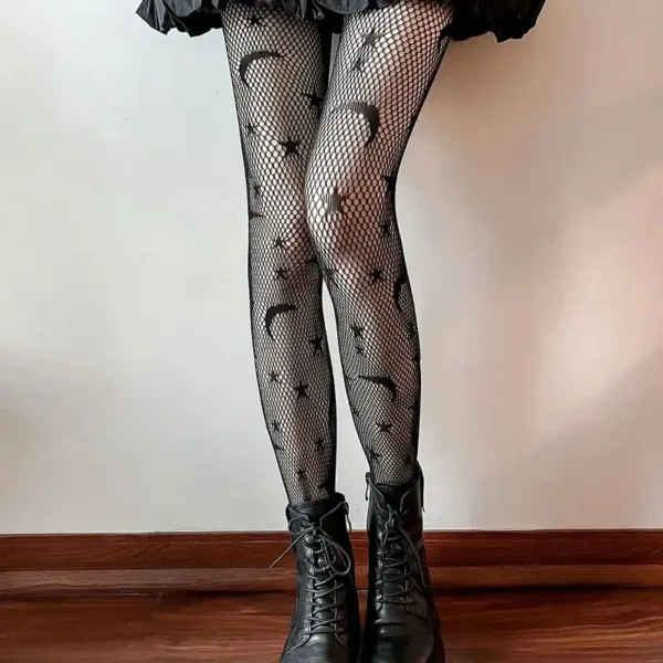 Black fishnet tights with moon and star design.