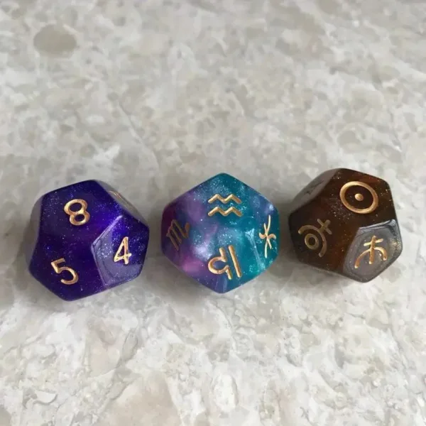 Three colorful dice with zodiac signs.