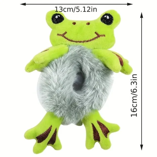 Green plush frog toy with fuzzy tail.