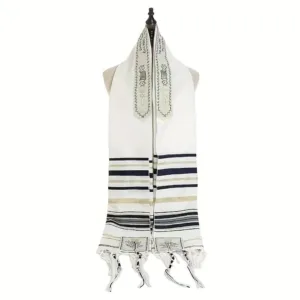 White Tallit with blue and gold stripes.