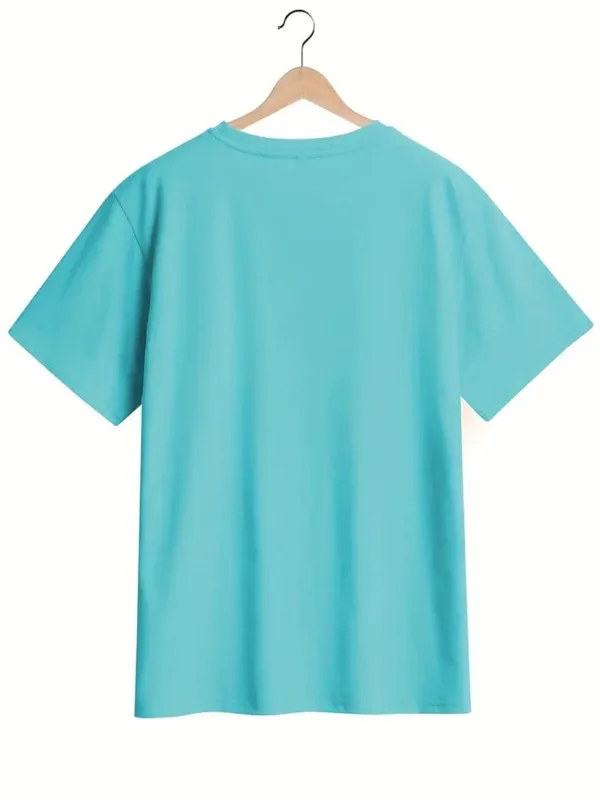 Plain turquoise t-shirt on hanger.