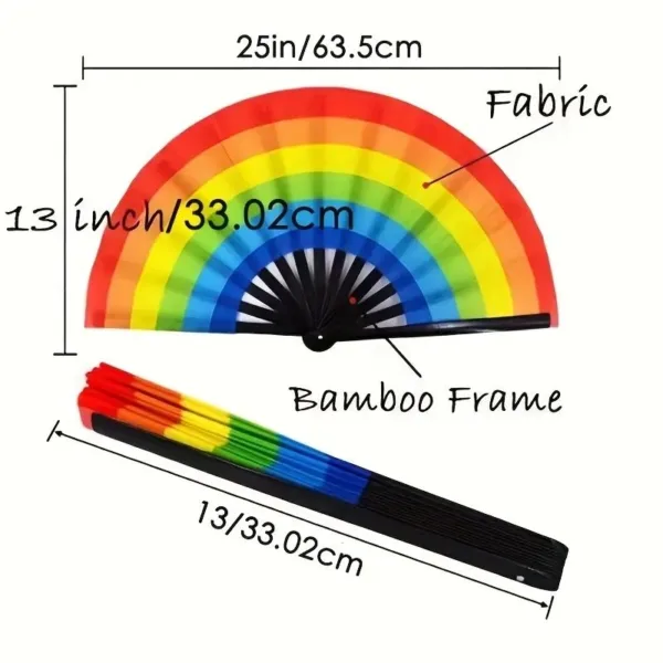 Rainbow folding fan with bamboo frame.